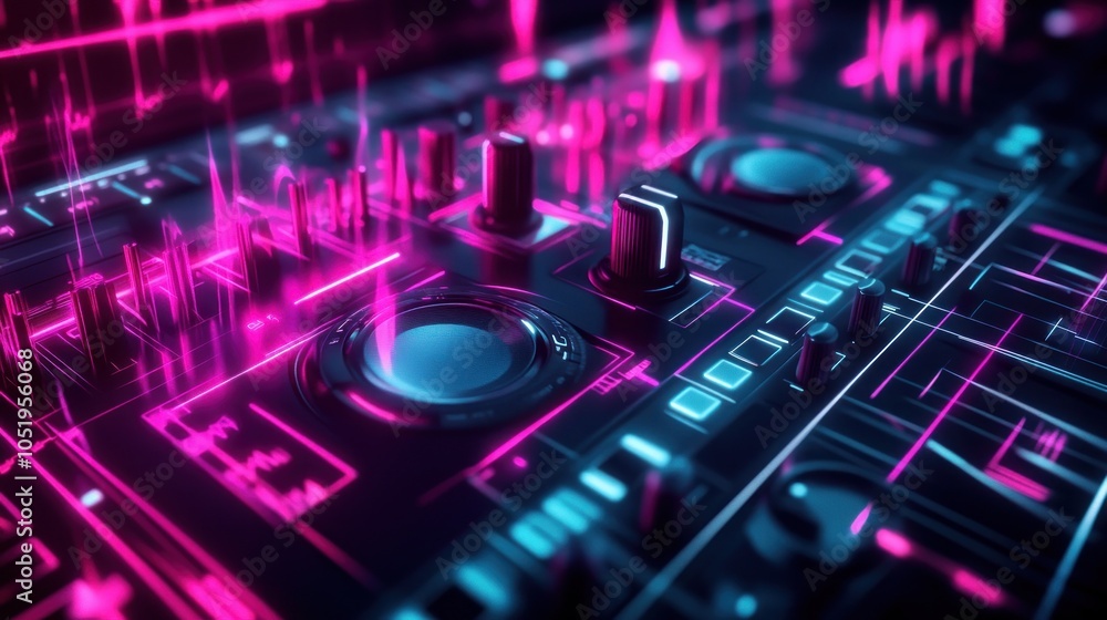 A close-up of a futuristic music mixer with glowing blue and pink lights, showcasing the knobs, buttons, and faders. A close-up of a futuristic music mixer with glowing blue and pink lights, showcasing the knobs, buttons, and faders.