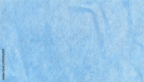 Stone washed light blue denim fabric texture background isolated with white highlights, png