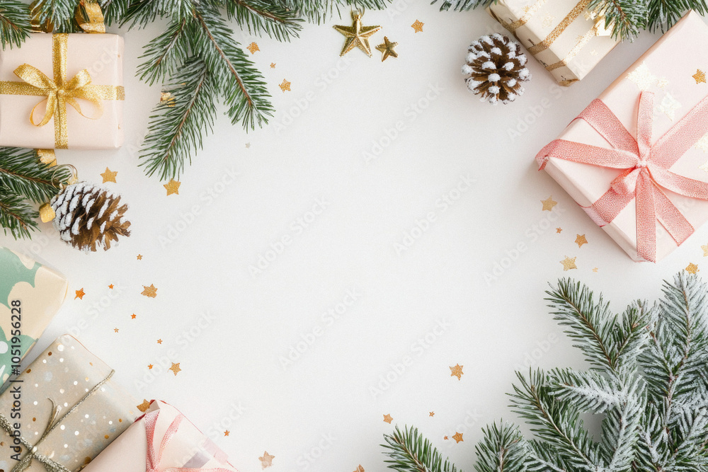 Fototapeta premium A white background with a Christmas tree and presents. The presents are in various sizes and colors, and there are pine cones scattered around the scene. Scene is festive and joyful
