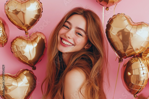 Happy and beautiful smiling young woman with heart shaped golden balloons all around. Love, fun and joy concept, party, romantic dating and Saint Valentine's day theme. Helium hearts background photo