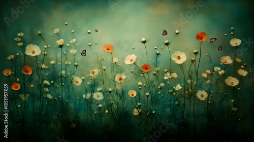 A field of white and orange wildflowers with butterflies flying above them.