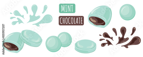 Peppermint candy with chocolate. Set of Menthol candies and dragee with chocolate filling. Vector image of mint caramel with cocoa.