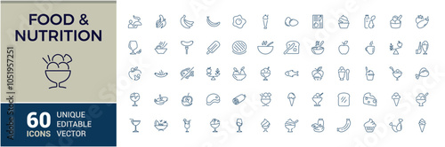 Set of Food and nutrition line icons. Related to trans fat, slim, nutrition, vegetarian, weig, salad, microflora and more. Modern thin icons. Editable stroke.