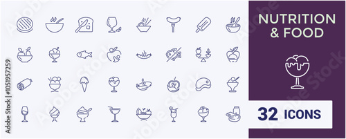 Set of Food and nutrition line icons. Related to trans fat, slim, nutrition, vegetarian, weig, salad, microflora and more. Modern thin icons. Editable stroke.