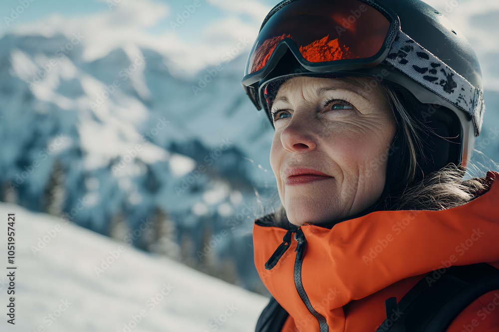 Portrait of Mature woman wearing helmet and ski clothes in the snowy mountains Portrait of Mature woman wearing helmet and ski clothes in the snowy mountains