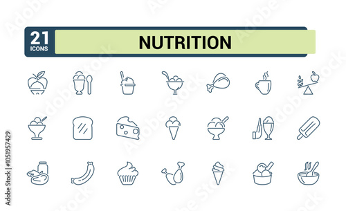 Set of Food and nutrition line icons. Related to trans fat, slim, nutrition, vegetarian, weig, salad, microflora and more. Modern thin icons. Editable stroke.