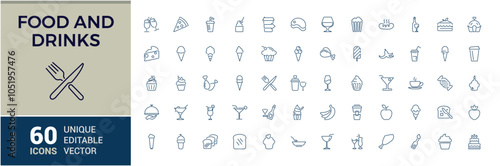 Fast Food And Drinks linear icon collection. Contains related to cream, cup, snack, delivery, meat, menu, editable, mexican. Outline icon collections. Editable vector icon and illustration.