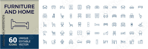 furniture and home line icons set. Featuring home, indoor, interior, comfort, decoration, equipment, furniture and more. Thin outline icons pack. Vector illustration in modern line style.