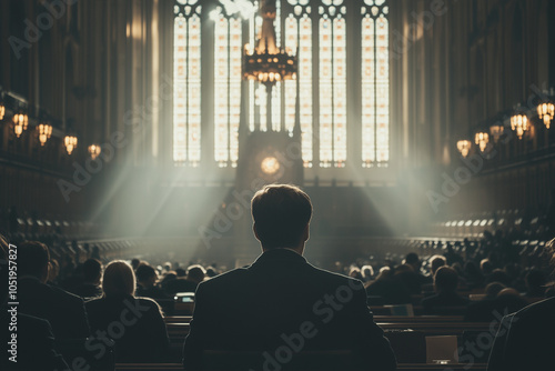 Selective focus man with suit among plenty of crowd in parliament, Portrait of man wearing suit in court.