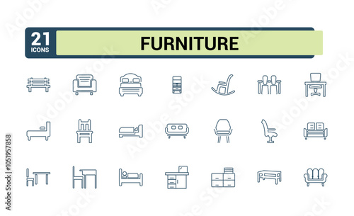 furniture and home line icons set. Featuring home, indoor, interior, comfort, decoration, equipment, furniture and more. Thin outline icons pack. Vector illustration in modern line style.