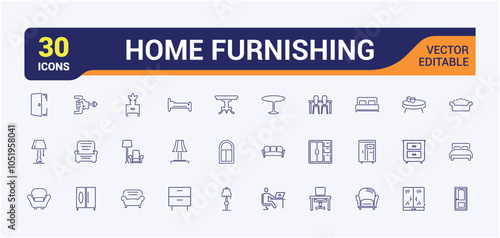 Home Furnishing line icon collections. Related to improvement, bedroom, decoration, furnishing, bathroom and more. Isolated icons design. Editable vector icon and illustration.