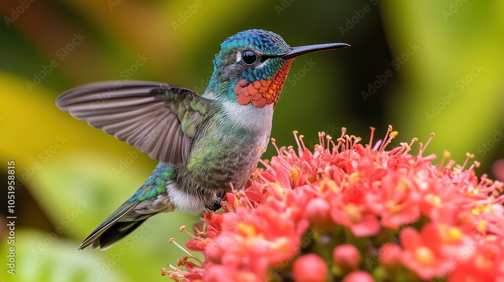 Fototapeta premium Colorful Hummingbird Perched on a Cluster of Vibrant Pink Flowers