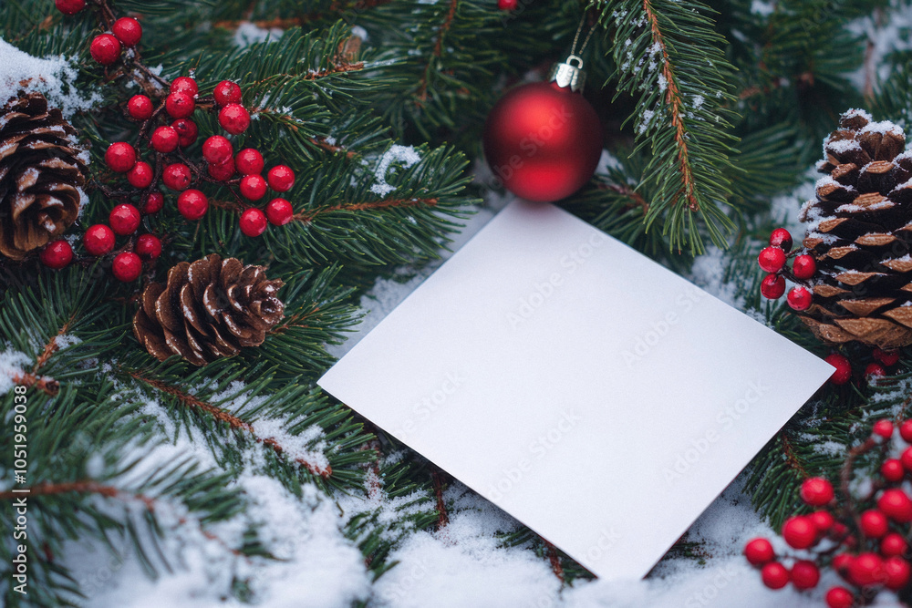A white card is placed on a Christmas tree with red berries and pine cones. The card is blank, which suggests that it could be a message or a wish for the holiday season. Concept of warmth and joy A white card is placed on a Christmas tree with red berries and pine cones. The card is blank, which suggests that it could be a message or a wish for the holiday season. Concept of warmth and joy