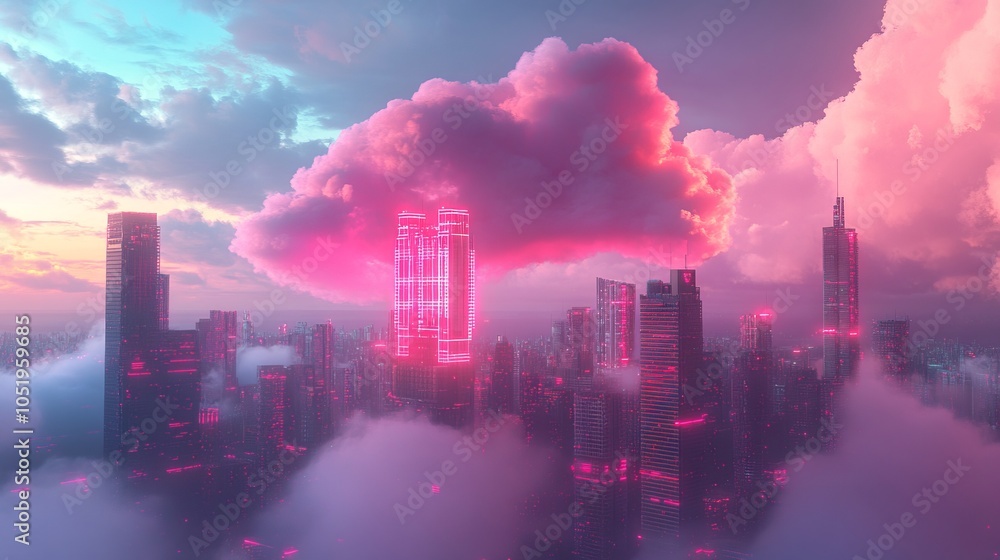 Fototapeta premium 3D Render of Cyberpunk Cloud Storage Concept Over Modern City. AI generated illustration