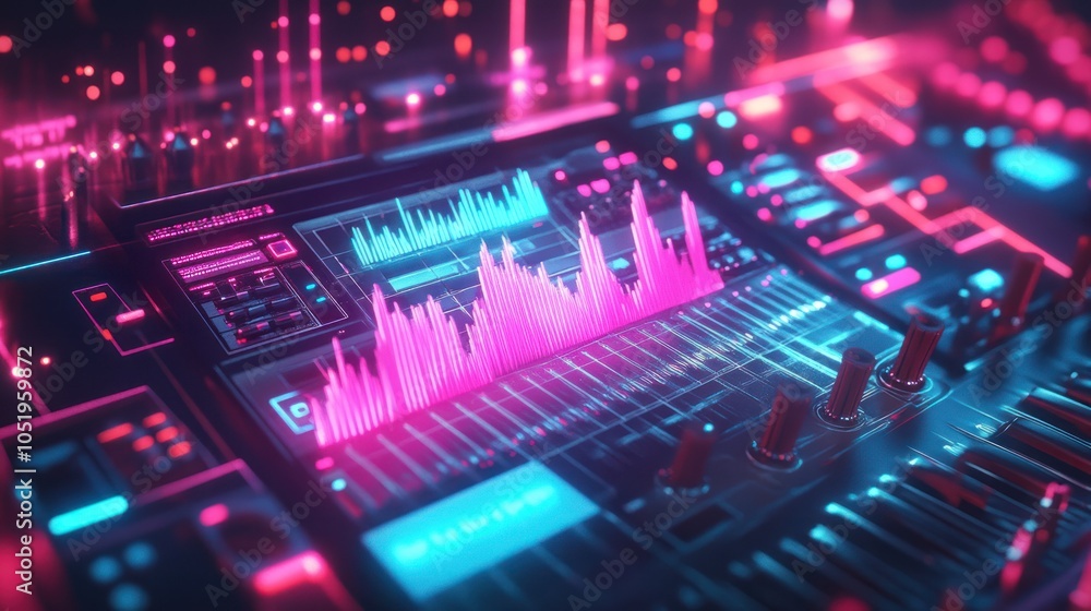A futuristic digital audio mixing console with pink and blue neon lights and a digital equalizer with sound waves on a screen. A futuristic digital audio mixing console with pink and blue neon lights and a digital equalizer with sound waves on a screen.