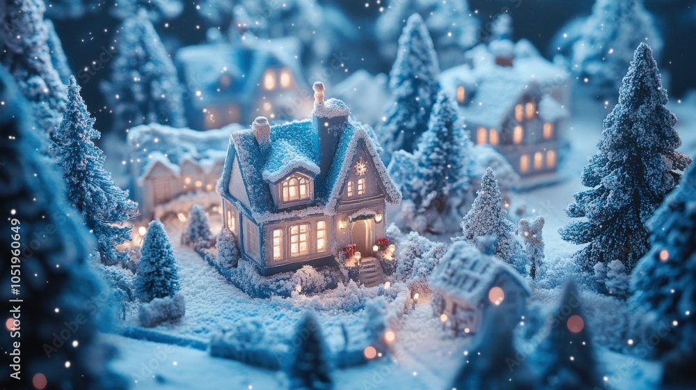 Bright Town House in Christmas Snow View