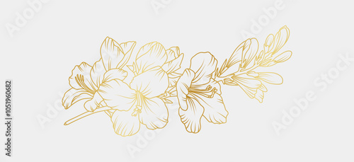 Golden freesia flowers line art isolated on white background. Luxury magnolia floral design elements for invitation, wedding, wallpaper, print template, vector illustration