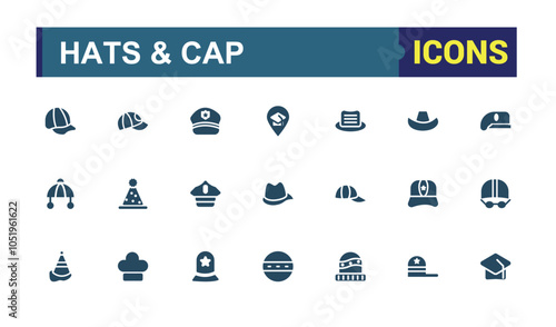 Hats And Cap icons in filled style. Featuring clothes, fashion, doodle, styles, head, female and more. Flat filled icons pack.