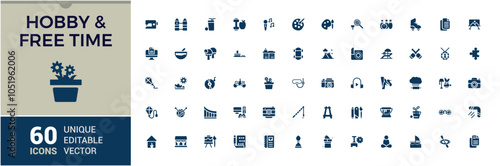 Hobby flat solid icon set. Contains related to summer, fitness, mountaineering, ship, vehicle, theatre, bikini, ticket. Pixel perfect. Vector illustration.