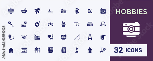 Hobby filled icon collection. Contains such icons as watermelon, fresh, sea, theatre, vehicle, adventure, camera. Collection for mobile and web apps. Editable vector illustration.