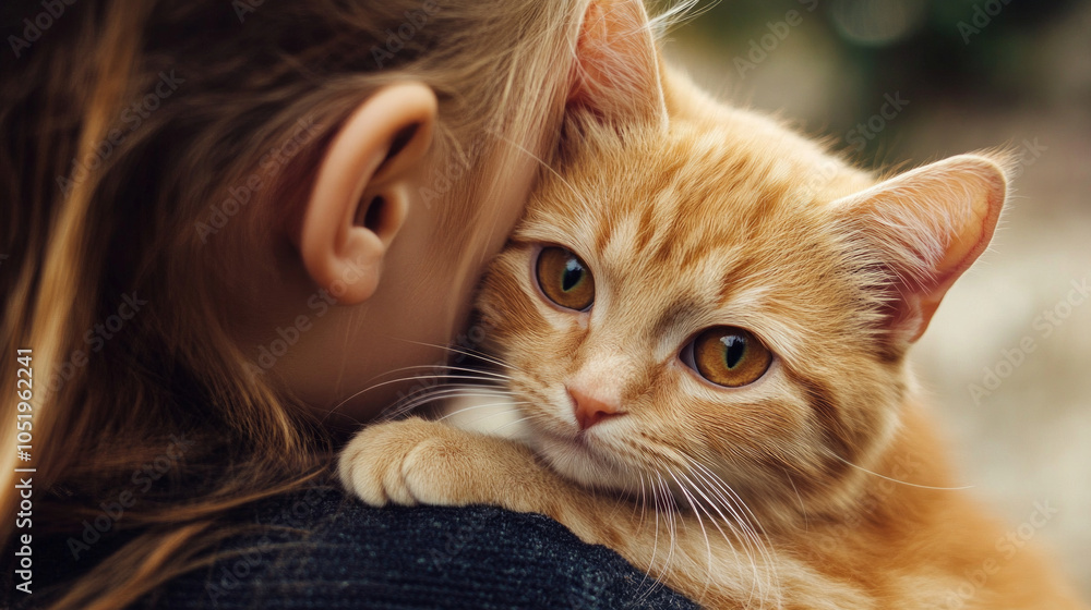 A young person embraces a gentle orange cat, showcasing a moment of warmth and connection in a serene outdoor setting A young person embraces a gentle orange cat, showcasing a moment of warmth and connection in a serene outdoor setting