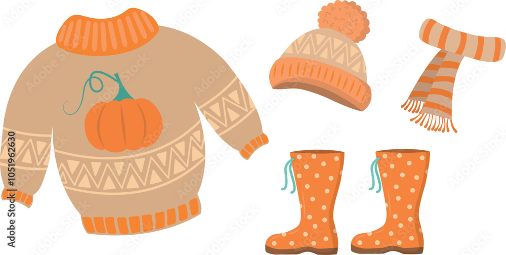 A set of autumn clothes, hand-painted: hat, sweater, scarf, rubber boots. The concept of a seasonal poster, postcards, invitations, stickers A set of autumn clothes, hand-painted: hat, sweater, scarf, rubber boots. The concept of a seasonal poster, postcards, invitations, stickers