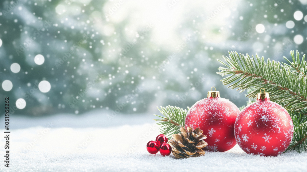 Two red Christmas ornaments are sitting on a snowy ground next to a pine tree. The scene is peaceful and serene, with the snow covering the ground and the tree providing a sense of warmth and coziness Two red Christmas ornaments are sitting on a snowy ground next to a pine tree. The scene is peaceful and serene, with the snow covering the ground and the tree providing a sense of warmth and coziness