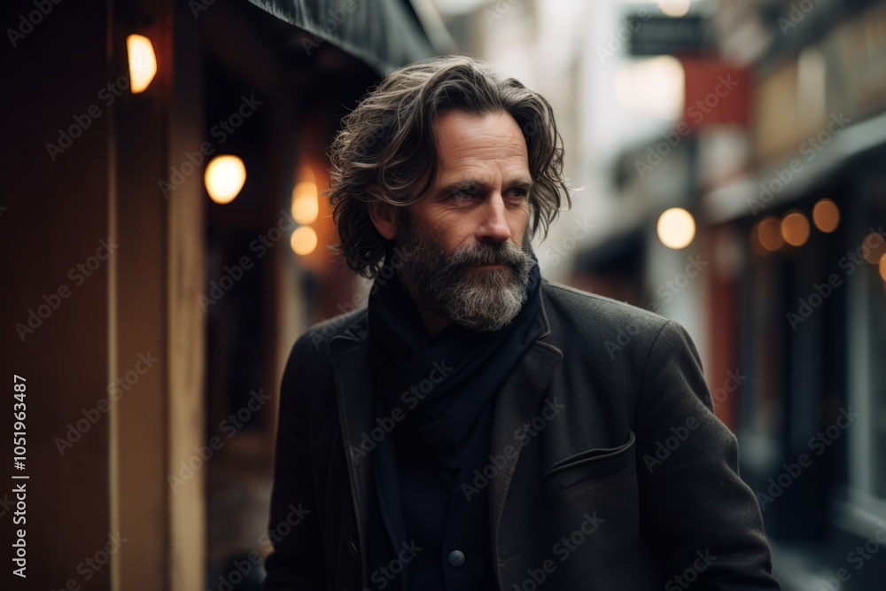 Portrait of a handsome middle-aged man with gray hair and beard in a black coat in the city. Portrait of a handsome middle-aged man with gray hair and beard in a black coat in the city.