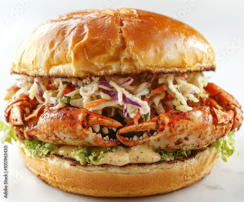 A delicious lobster sandwich featuring a buttery bun, fresh coleslaw, and tender lobster meat, perfect for seafood lovers.