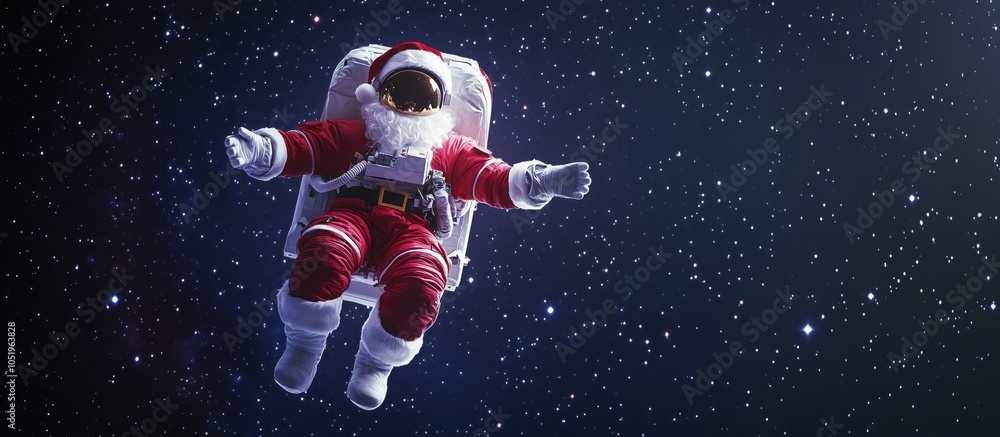 Fototapeta premium Santa Claus in space, floating among stars, wearing astronaut suit