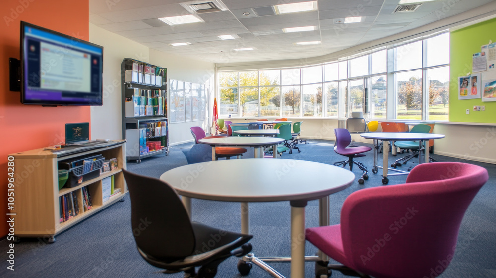 Obraz premium A modern classroom designed for collaborative learning with circular tables and colorful chairs during a sunny afternoon