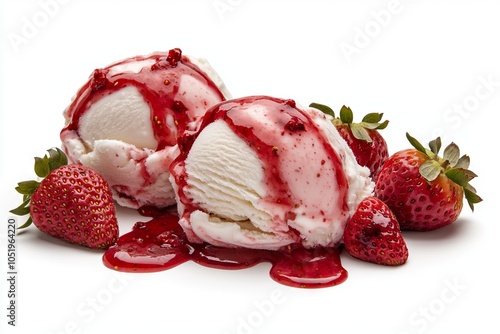 Ice cream with strawberry sauce and fresh strawberries. AI generated illustration
