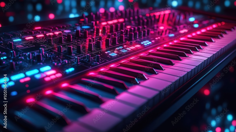 Fototapeta premium A vibrant synthesizer with glowing keys and controls.