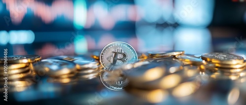 Close-up of shiny cryptocurrency coins with a focus on one coin amid a blurred background of stock market graphs, symbolizing digital investment trends. photo