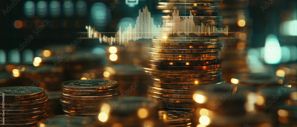 Obraz premium Close-up of stacked gold coins with financial graphs and digital data overlay, symbolizing investment growth, cryptocurrency trends, and economic success.
