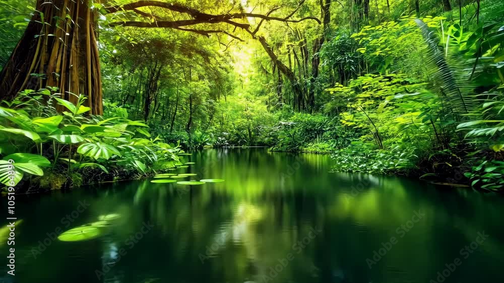 A tranquil river flows through a lush tropical forest, sunlight filtering through the dense canopy A tranquil river flows through a lush tropical forest, sunlight filtering through the dense canopy