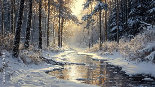 Frozen creek meandering through a snowy forest surrounded by tall trees draped in frost early sunlight sparkles on the icy surface casting soft shadows and adding warmth to the cold peaceful scene photo