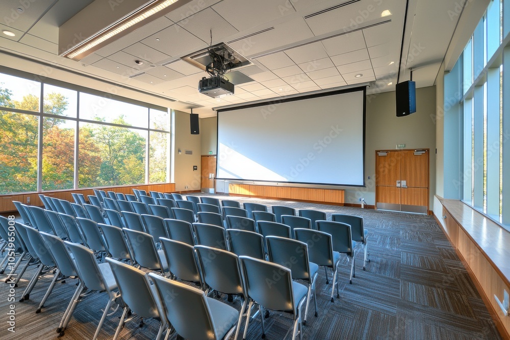 Fototapeta premium Spacious conference room with large screen and natural light