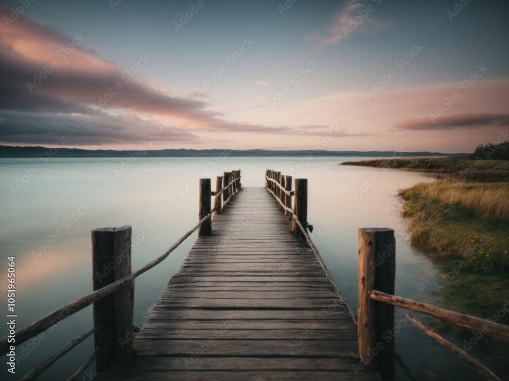 small wooden bridge near lake in sunset. AI Generative small wooden bridge near lake in sunset. AI Generative