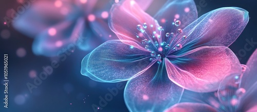 A close-up of a delicate pink and blue flower with dew drops on the petals.
