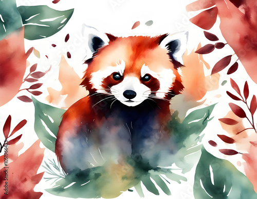 Watercolor red panda forest background