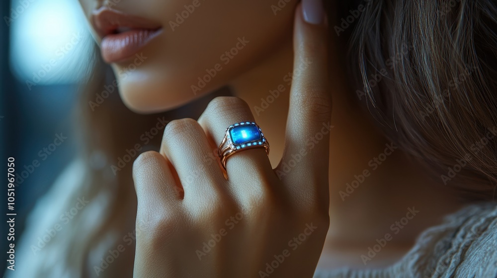 Close-up view showing a smart ring being worn on a young womans finger, highlighting modern wearable technology. Close-up view showing a smart ring being worn on a young womans finger, highlighting modern wearable technology.