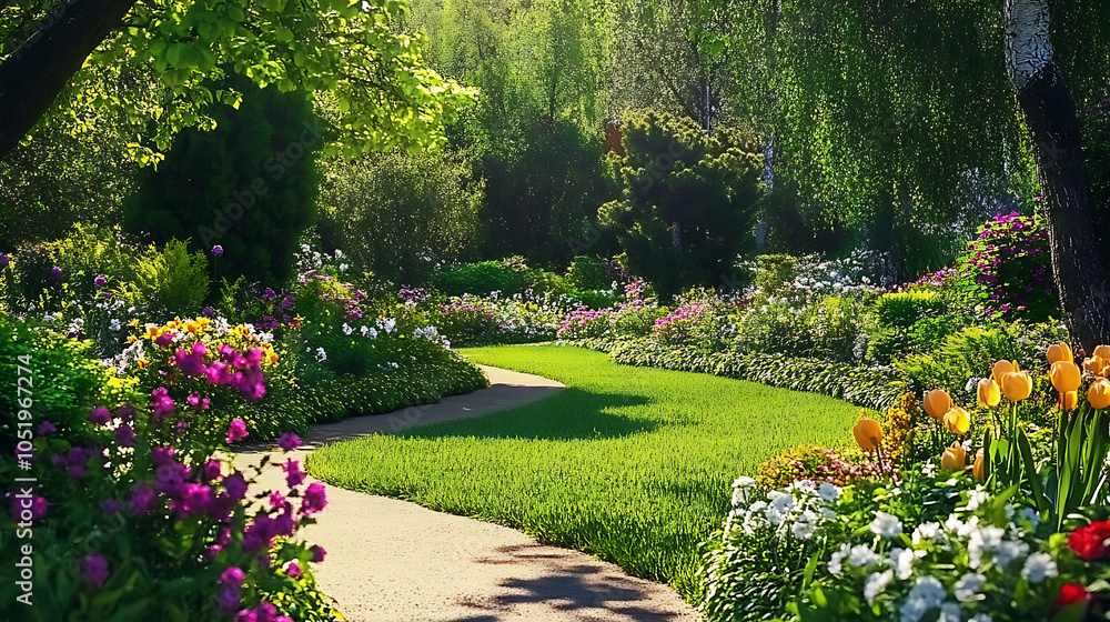 Obraz premium A green botanical garden with spring flowers and a lawn path. created with Generative AI technology