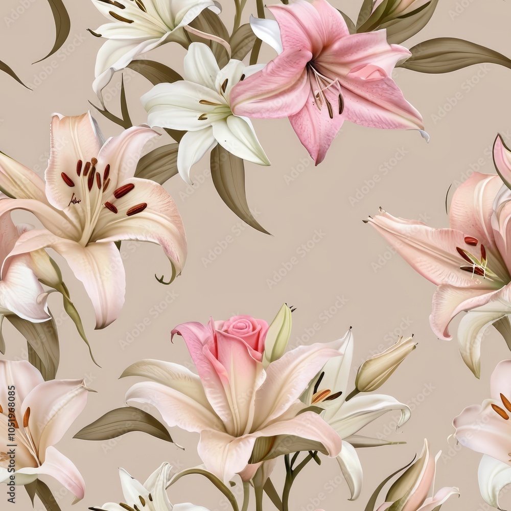 Obraz premium Seamless Floral Design with Roses and Lilies in Soft Beige and Pink Colors