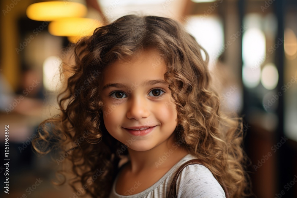 Portrait of a beautiful little girl with curly hair in a cafe. Portrait of a beautiful little girl with curly hair in a cafe.
