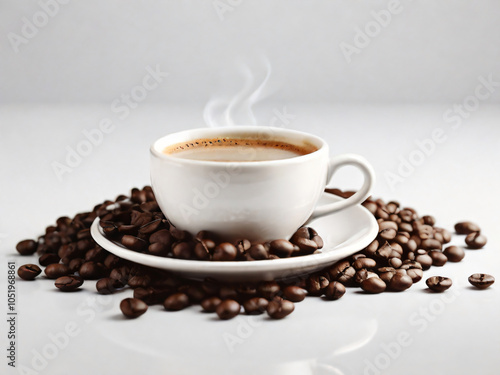 A steaming cup of coffee surrounded by scattered coffee beans.