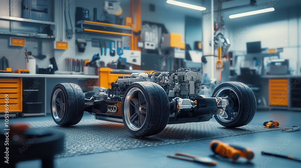 Fototapeta premium A detailed automotive chassis is displayed in a well-equipped workshop, showcasing tools and mechanical components amid a neat and organized environment.