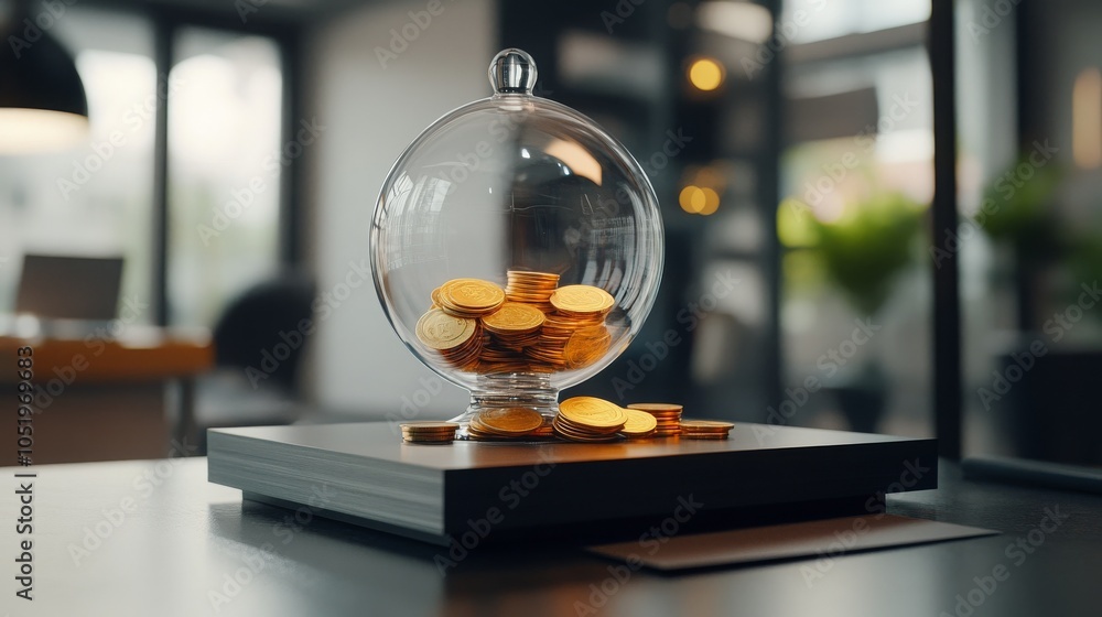 Gold Coins in Glass Dome on Tabletop Gold Coins in Glass Dome on Tabletop