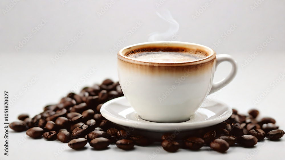 A steaming cup of coffee surrounded by scattered coffee beans. A steaming cup of coffee surrounded by scattered coffee beans.