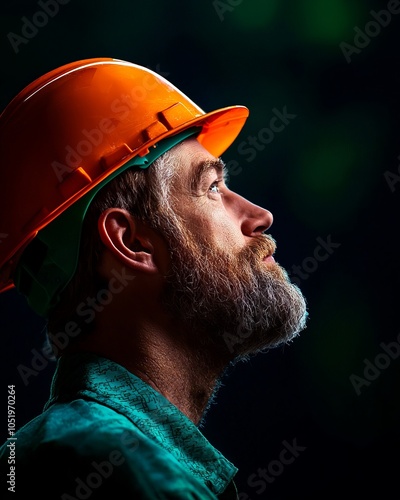 Profile of a man in an orange hard hat, under dramatic lighting.